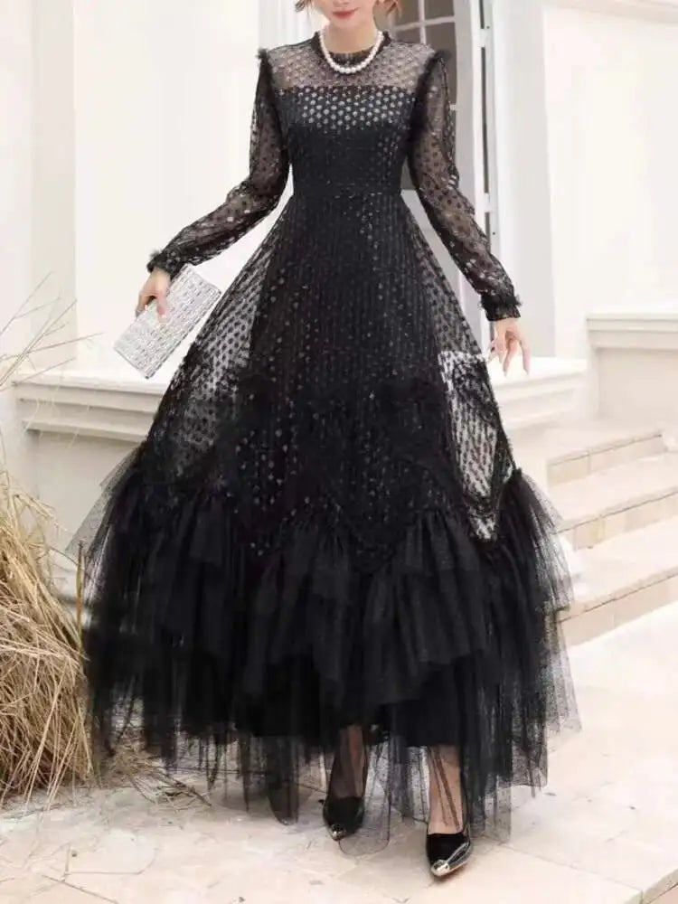 Lunivop  Lace Sequins Slim Women Floral Skirt Long Sleeves O Neck Spot Printing Ear Fungus Edge Female Dress 2025 Spring New