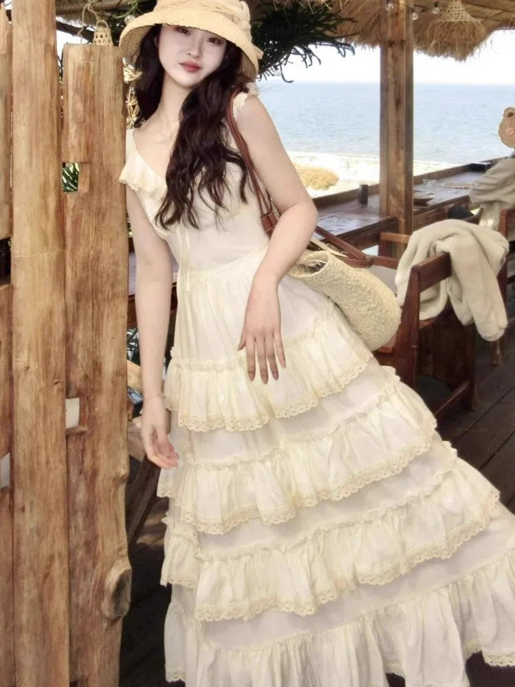 Lunivop  Summer New Sweet Lace Ruffles Apricot Cake Long Dresses Vacation V-neck Flying Sleeves Chic Dress Basics Birthday party Dress