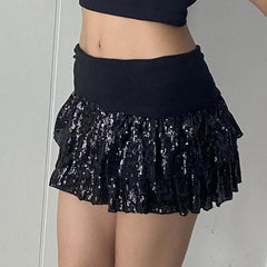 Lunivop Sequins Tiered Mini Skirt Gothic Mid Waist A-line Layered Short Skirts Dark Academia Pleated Skirts Festival Bottoms