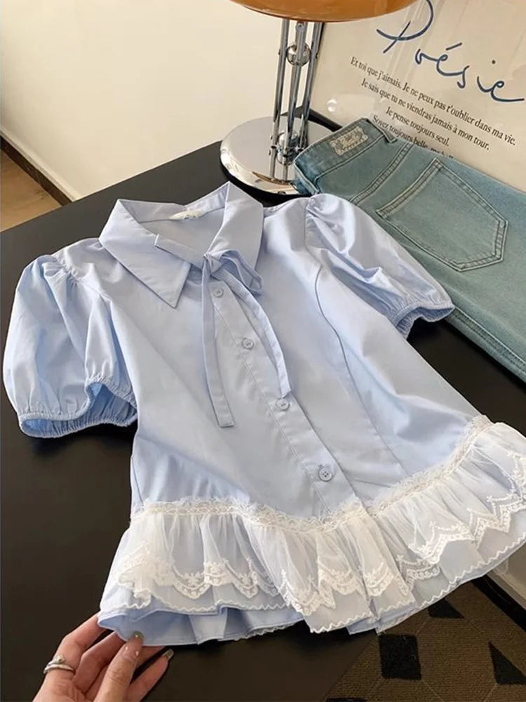 Lunivop  Casual Sweet Blue Shirt Women Cute Lace Patchwork Bow Blouse Vintage French Preppy Style Short Sleeve Elegant Kawaii Tops