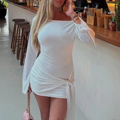 Lunivop  BKLD Sexy Solid Diagonal Collar Off-shoulder Long Sleeve Strappy Folds Irregular Mini Bodycon Dress Trendy New Casual Streetwear