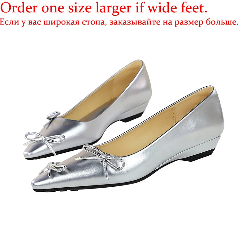 Lunivop  Women Glossy Silver 2.5cm Low Heels Pumps Lady Daily Comfortable Casual Shoes Female Elegant Butterfly Knot Pointed Toe Shoes