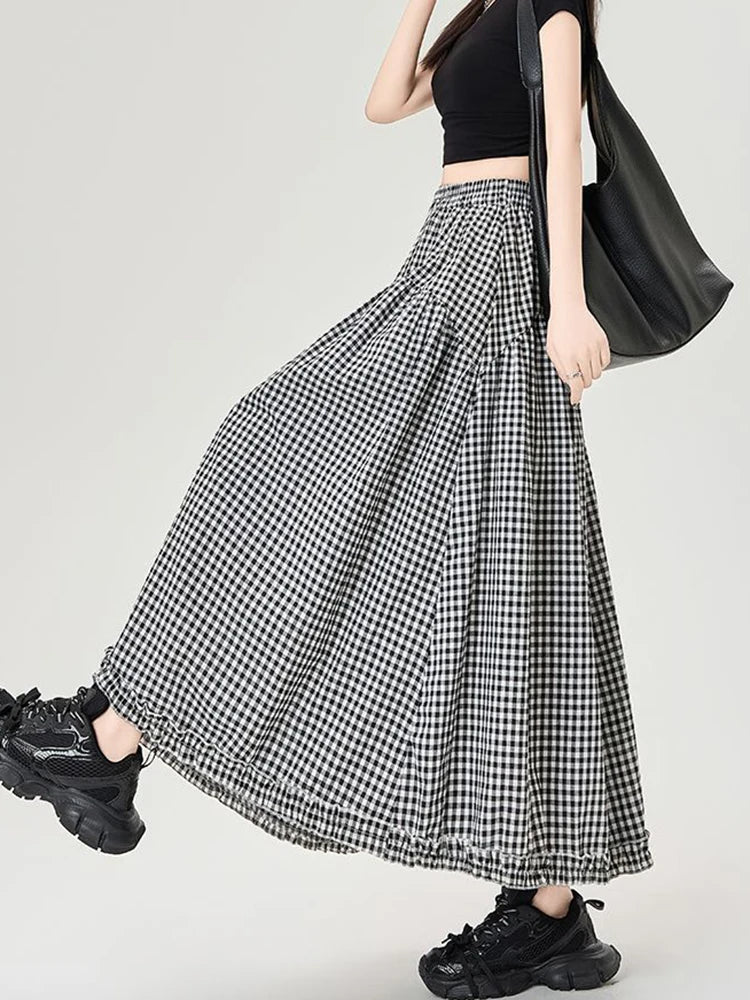 Lunivop  Vintage Plaid Long Skirts Women Loose Y2K High Waist A Line Skirts Japan Retro Casual All Match Black White Plaid Skirt New