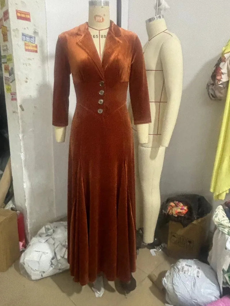 Lunivop  Velvet Maxi Dress Women Vintage Fashion Notched Collar 3/4 Sleeve Single Breasted Empire Waist Fit Flare Party Long Robe Vestido