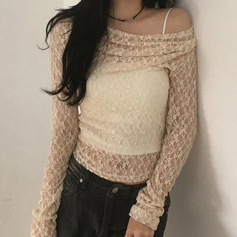 Lunivop  Transparent Lace Crop Top Asymmetrical Off-shoulder Long Sleeve Smock T-shirts Women Summer Casual Tees y2k Vintage Tees