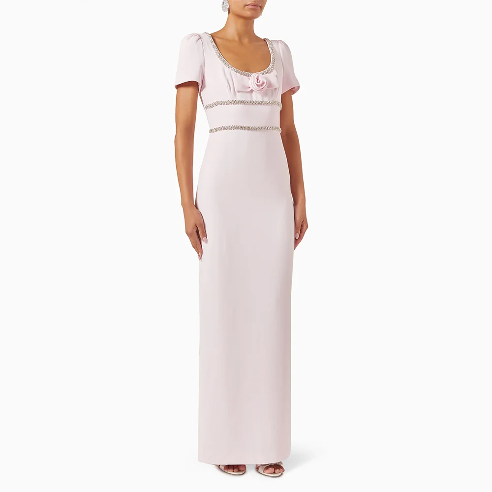 Lunivop  Pale Pink Evening Dress Square Neck Crystal Flower Jersey Evening Gowns Short Sleeves Straight Slit Prom Dress