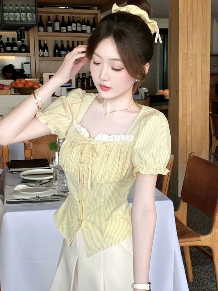 Lunivop  Sweet Yellow Striped Shirt Women Casual Vintage Square Collar Slim Blouse Korean Preppy Style Puffy Sleeve Elegant Tops New