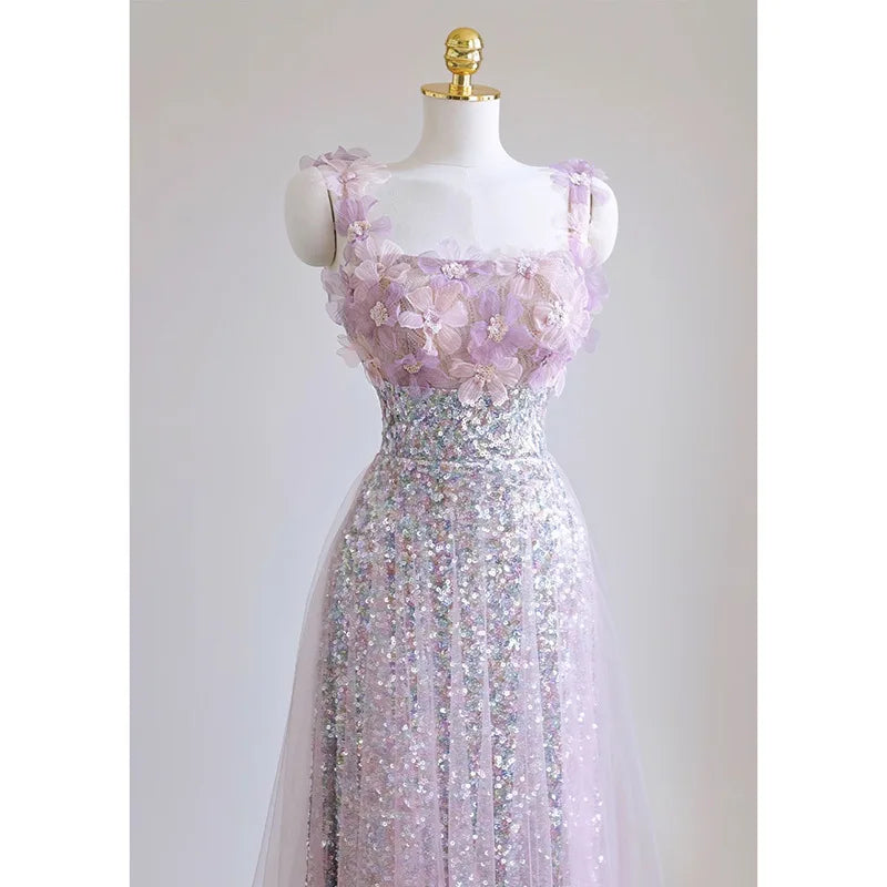 Lunivop  Pink Purple Women's Evening Party Dresses Palace Style Sequin Fairy Sling Appliques Banquet Sparkling Gown Prom Dress Vestidos