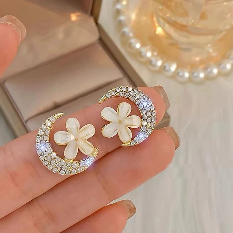 Lunivop Korean Trendy Cute Bling Zircon Moon Flower Earrings for Women Elegant Niche Design Party Jewelry Girlfriend Gifts