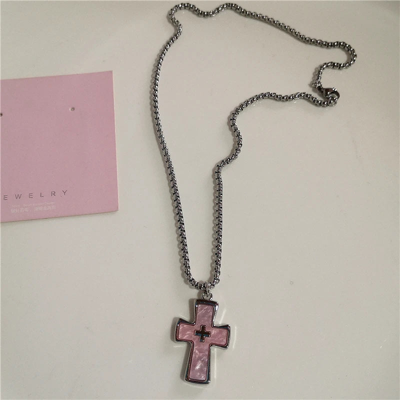 Lunivop Gothic Y2K Pink Cross Heart Pendant Chain Choker Necklace For Women Egirl Hip Hop Punk Charms Aesthetic Jewelry EMO Accessories