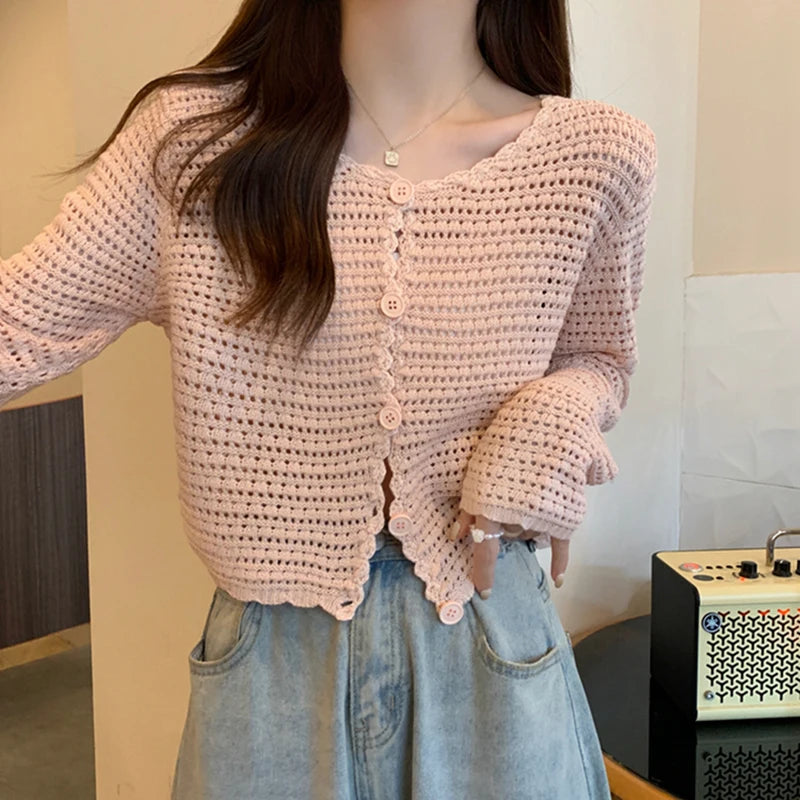 Lunivop Women Button Up Short Cardigan Knitted Shirt Hollow Out Crochet Crop Top Long Sleeved Thin Cover Up Teen-girl Casual Outfit