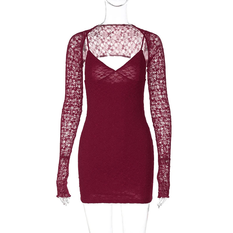 Lunivop  BKLD Sexy Chic Lace Patchwork Matching Dress Set Hottie Long Sleeve Shawl Cardigan Tops+V Neck Spaghetti Strap Backless Sundress