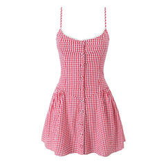 Lunivop  Sexy Gingham Plaid Spliced Lace O neck Mini Sling Dress Women Open Through Buttons Low Waist Swing A line one-piece Dresses