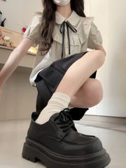 Lunivop  Preppy Style Peter Pan Collar Ruffles Puff Sleeve Shirts  Women+ High Waist Ruched Skirts Summer New Two Piece Sets