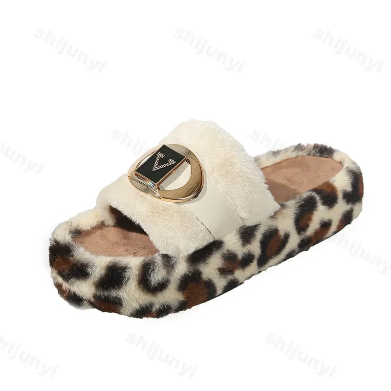 Lunivop Winter Fluffy Slippers Women New Leopard House Home Fur Slippers Women Designer Metal Decor Cozy Fuzzy Platform Slides
