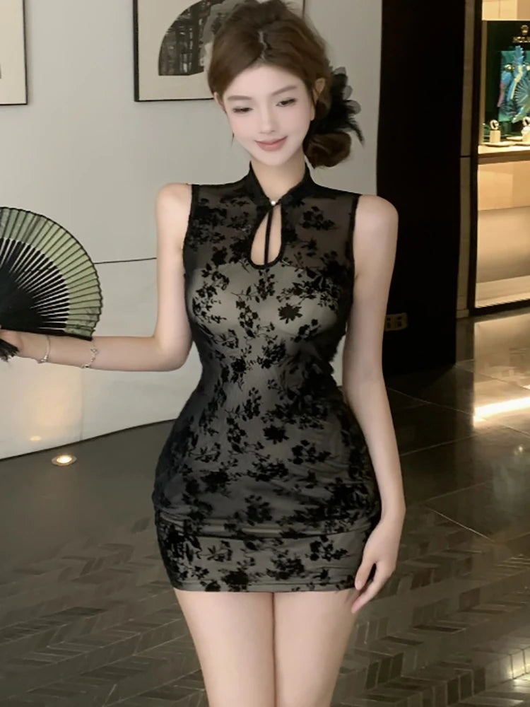 Lunivop  Women Korean Vintage Hepburn Prom Clothes Summer Black Mesh Jacquard Sleeveless Dress Elegant Bodycon Hip Wrap Sexy Dresses