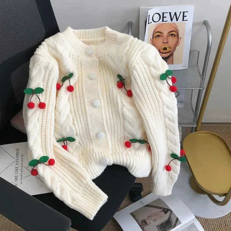 Lunivop Women Cherry Sweater Cardigan Cute Cherries Pom Pom Cable Knit Button-Up Knit Coat Fall Winter Korean Kawaii Sweet Outfit