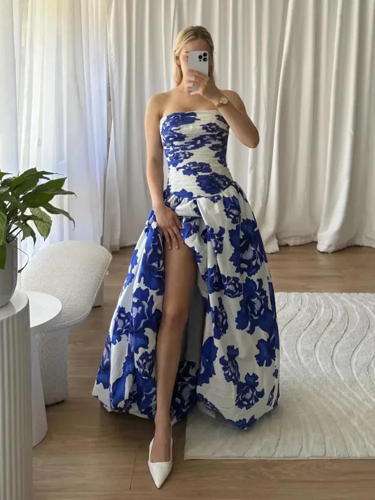 Lunivop  Women Fashion Strapless Pleated Print Maxi Dress Elegant Puff Hem High Waist Long Dresses Summer New Sexy Evening Party Robes