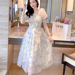 Lunivop  Summer White Chiffon Long Dress Casual Floral Party Dress Elegant Short Sleeve Fairy Dresses for Women Sweet Beach Clothing