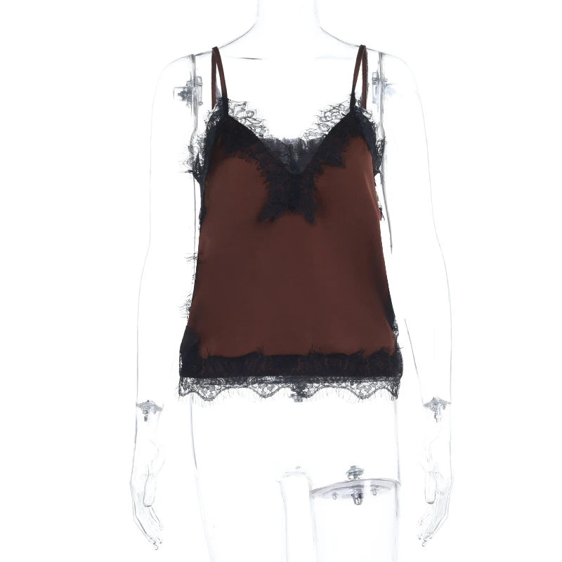 Lunivop  Spring Summer Lace Patchwork Fashion Sexy Sling Camisole V Neck Sleeveless Backless Side Split Soft Tank Tops Casual Outfit