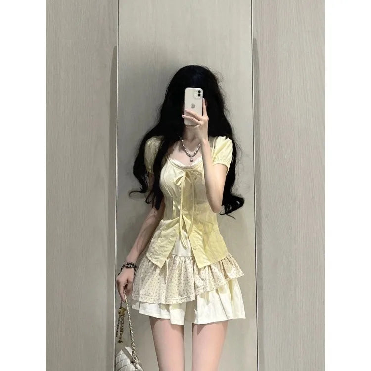 Lunivop  Puff Sleeve Fake Two Piece Patchwork Shirts Women+ Fashion Sweet Floral Ruched Cake Skirts 2025 Summer New Two Piece Sets