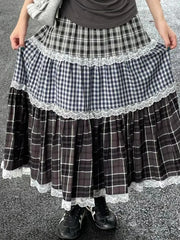 Lunivop Vintage Harajuku Lace Plaid Skirt Women Preppy Style Long Skirts Autumn Winter Streetwear Retro A-line Ruffle Skirts