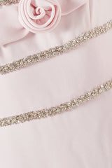 Lunivop  Pale Pink Evening Dress Square Neck Crystal Flower Jersey Evening Gowns Short Sleeves Straight Slit Prom Dress