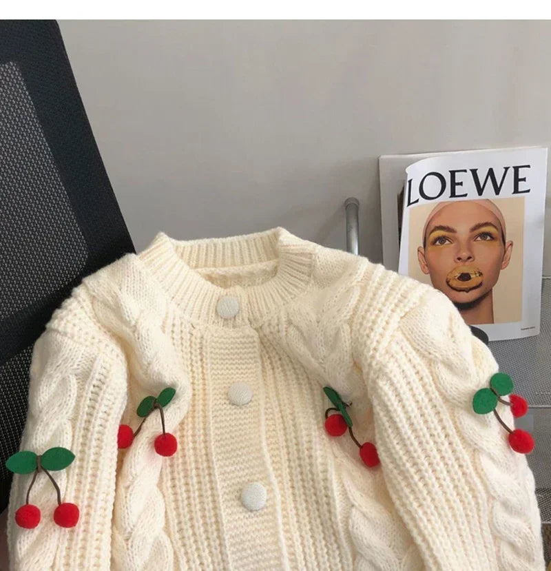 Lunivop Women Cherry Sweater Cardigan Cute Cherries Pom Pom Cable Knit Button-Up Knit Coat Fall Winter Korean Kawaii Sweet Outfit