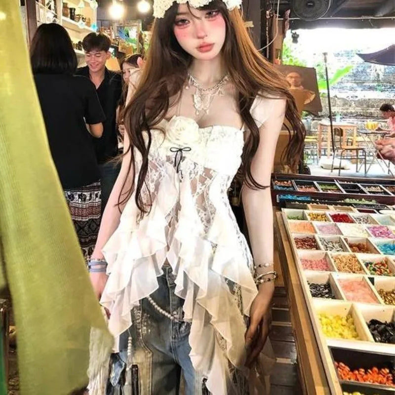 Lunivop  American Vintage Lace Strap Vest Women Summer Sleeveless T-shirts 2000s Retro Clothing Harajuku Korean Tees Design Y2k Crop Top