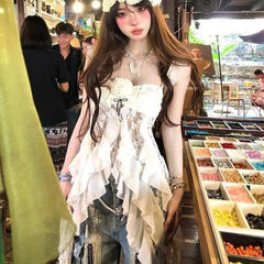 Lunivop  American Vintage Lace Strap Vest Women Summer Sleeveless T-shirts 2000s Retro Clothing Harajuku Korean Tees Design Y2k Crop Top