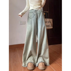 Lunivop  Light Blue Flared Jeans for Tall Women, A/W High-Waisted Wide-Leg Distressed Hem Pants
