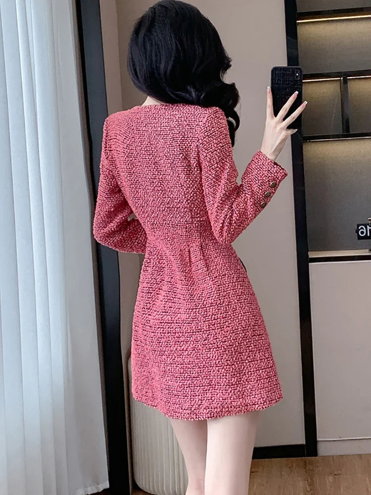 Lunivop  Women Pink Tweed Thick Warm Mini Dress Autumn Winter Long Sleeve Square Collar Dress Korean Elegant Bodycon Birthday Dress