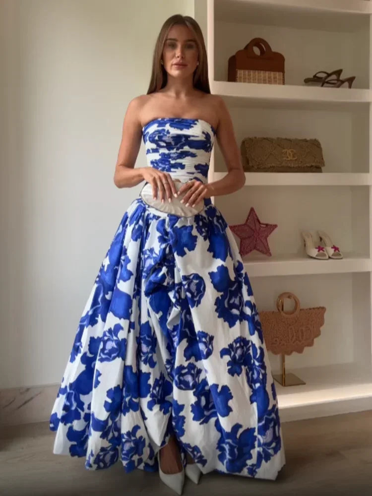 Lunivop  Women Fashion Strapless Pleated Print Maxi Dress Elegant Puff Hem High Waist Long Dresses Summer New Sexy Evening Party Robes