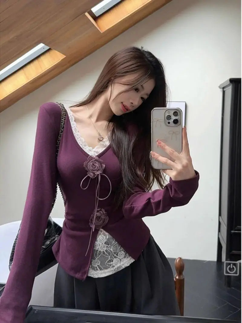 Lunivop  Lace Patchwork V-neck 3D Flower T-shirt for Women 2025 New Slim Waist Bottoming Tops Mujer Y2k Long Sleeve Tee Shirt