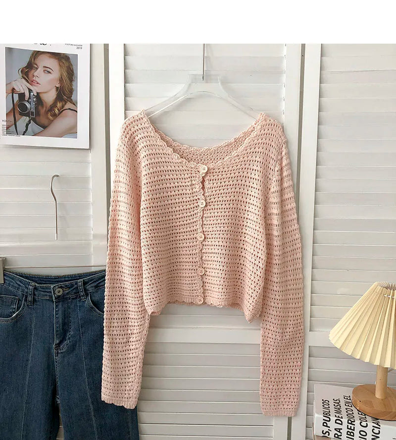 Lunivop Crochet Cardigan for Women Sheer Openwork Knit Long Sleeve Button Up Crop Top Teen-girl Shrug Cardigan Autumn Spring Y2K Outfit
