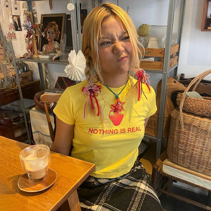 Lunivop Harajuku Women T-Shirt Korean Fashion Strawberry Print Grunge Vintage Yellow Short Sleeve T-shirt Female Slim Short Top Baby Tee