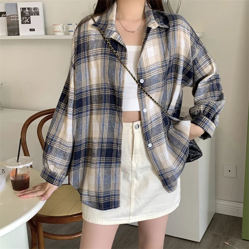Lunivop Women Tartan Shirt Long Sleeve Collared Button Up Oversized Plaid Shirt Flannel Jacket Grunge Teenage Girl Spring Summer Outfit