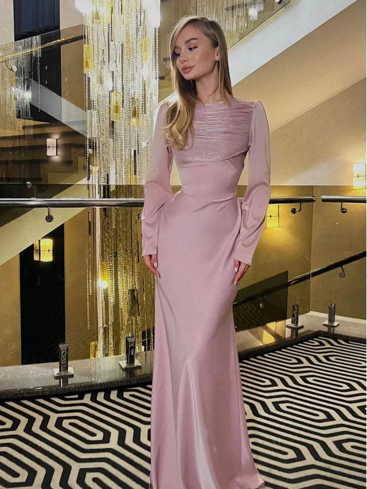 Lunivop O Neck Long Sleeve Sexy Maxi Dress For Women Fashion Elegant Solid Ruched High Waist Bodycon Long Dress Clubwear