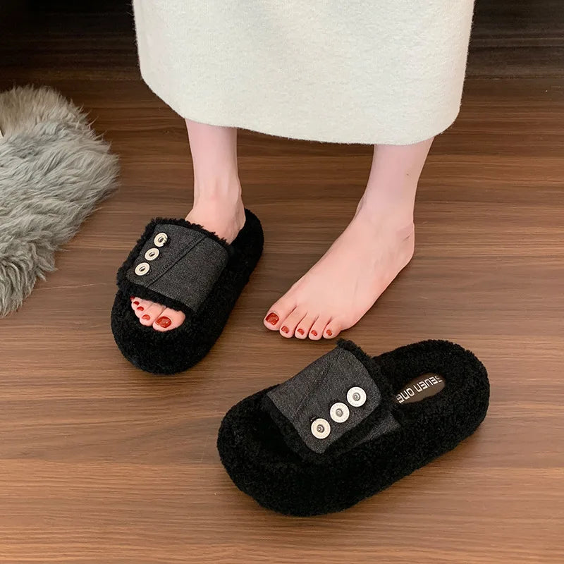 Lunivop Chunky Platform Fur Slippers Women Autumn Thick Bottom Designer Denim Furry Outdoor Slippers Woman Non-slip Short Plush Slides