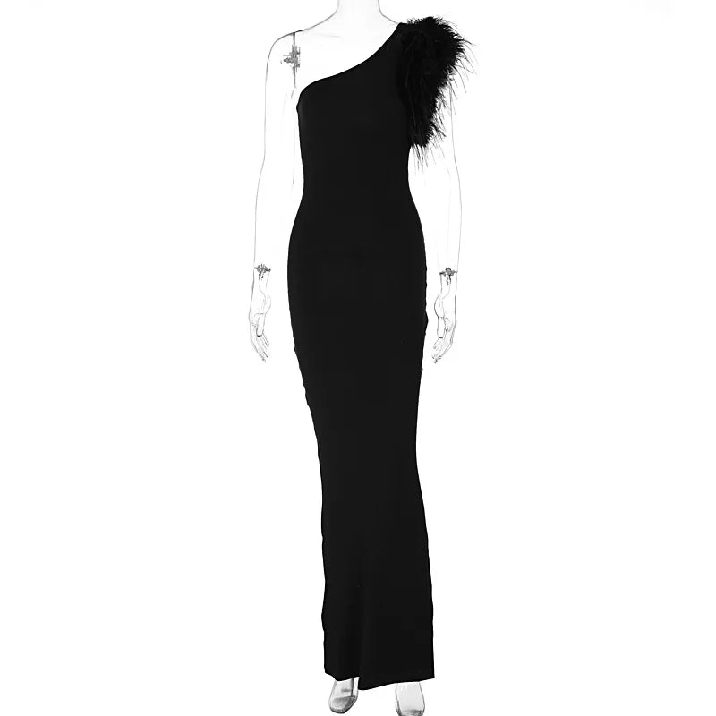 Lunivop Graphic Feather One Shoulder Elegant Midi Dresses Winter Evening Party Club Ladies Y2K New Wommen Clothes