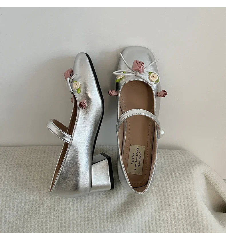 Lunivop Medium Heeled Mary Jane Single Shoes New Women Shoes Fashion Elegant Flower Bow Pumps Square Toe Thick Heeled Ballet Shoes