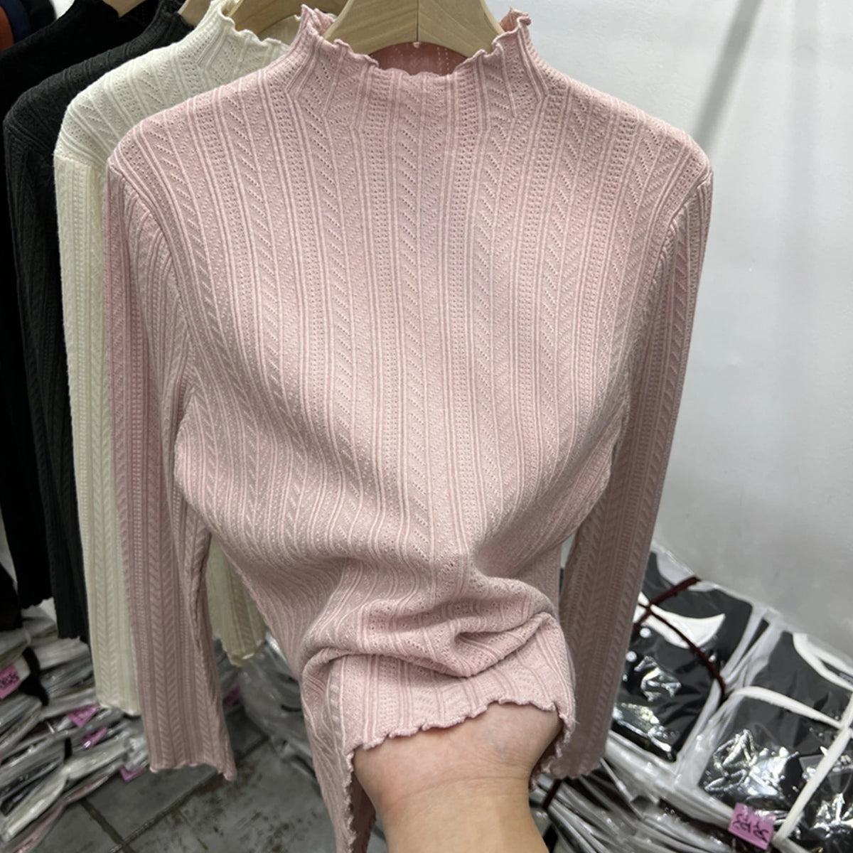 Lunivop Women Long Sleeve Knitted Top Textured Stretchy Mock Neck Fitted Sweater Pullover Jumper Fall Winter Teen-girl Basic Outfit