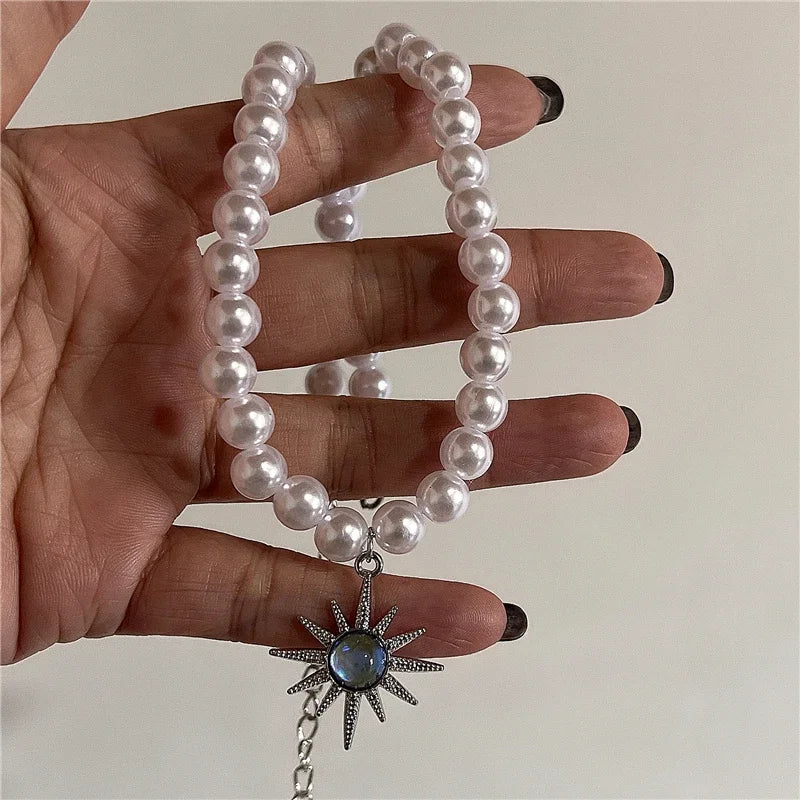 Lunivop Punk Vintage Sun Totem Pendant Clavicle Chain Fashion Imitation Pearl Necklace For Women Men Aesthetics EMO Goth Jewelry Gift