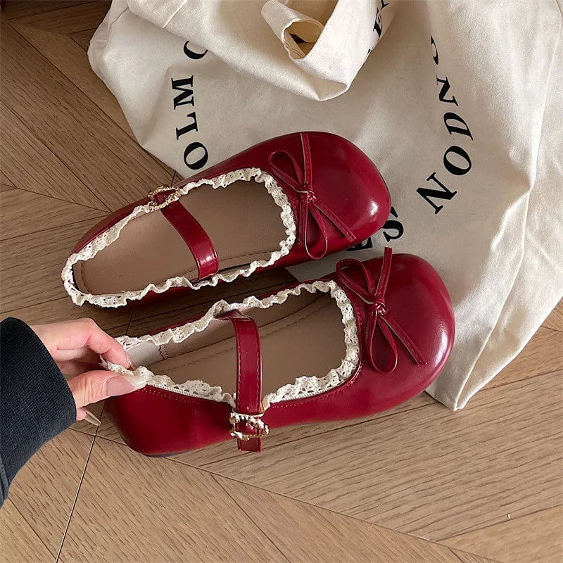 Lunivop  Women's Flat Shoes Vintage Round Toe Elegant Bow Lace Ruffled  Ballet Shallow Flats Fashion Comfortable Soft Mary Jane Shoes