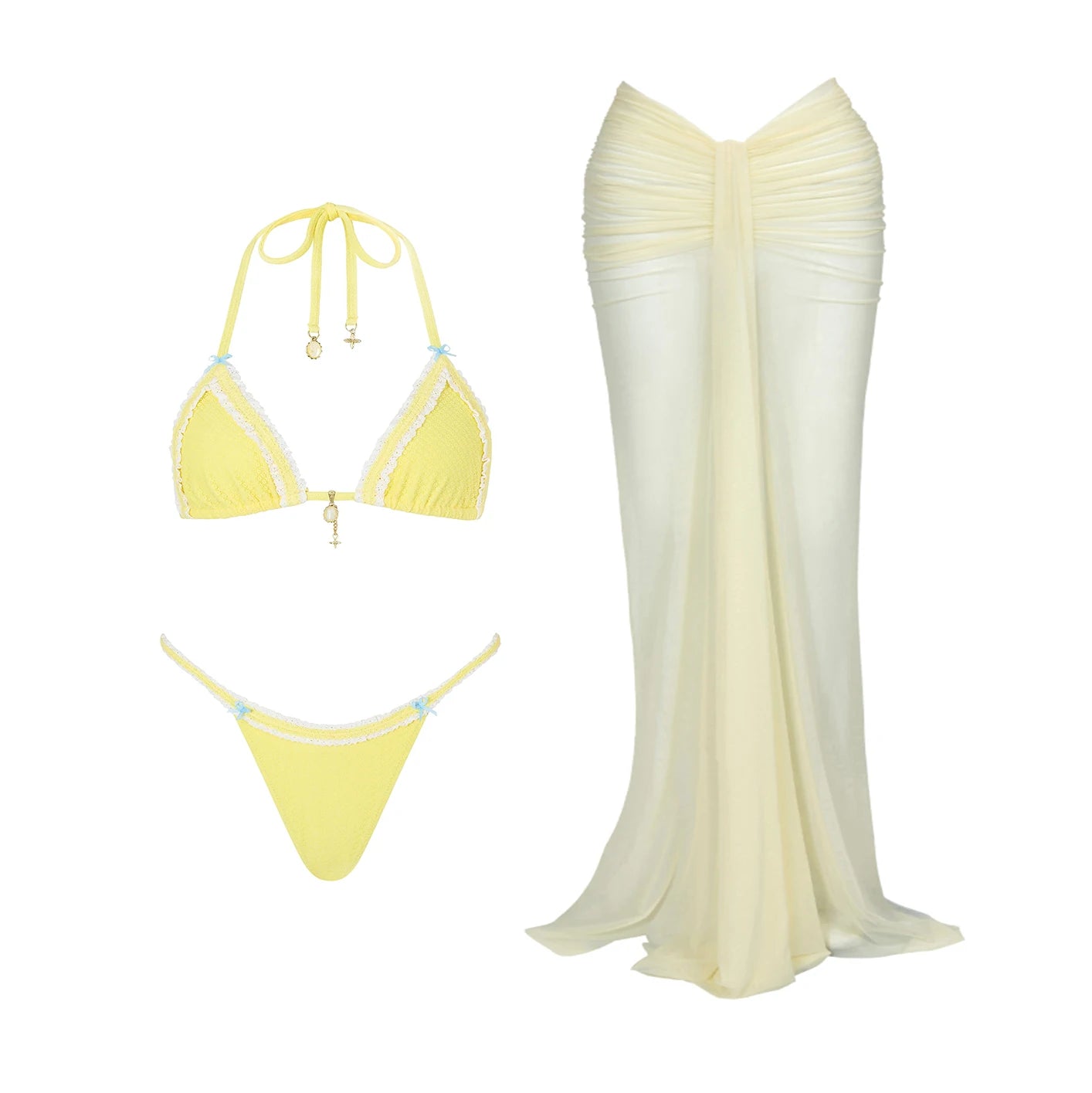 Lunivop   3Pcs Yellow Lace Bikini Sexy Women Swimsuit Push Up Swimwear Bandeau Biquini Female Crochet Skirt Floral Bathing Suit Beachwear