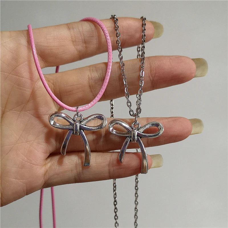 Lunivop Vintage Bowknot Pendant Pink Rope Chain Necklace For Women Gothic Hip Hop Bow Neck Fashion Y2k EMO Aesthetic Jewelry Accessories