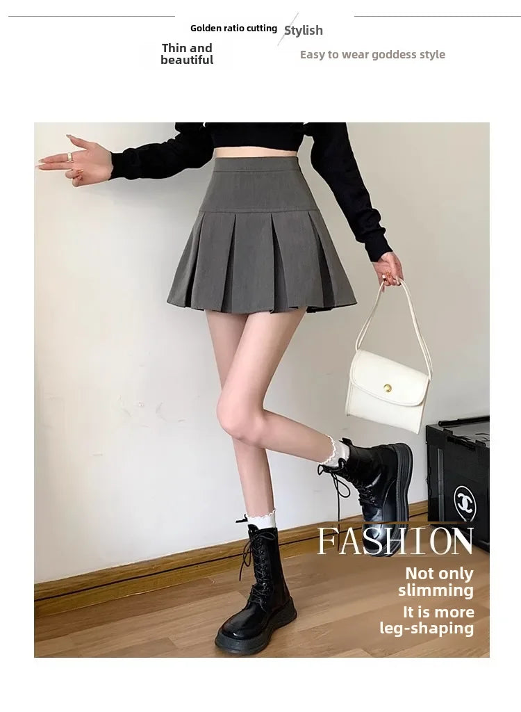 Lunivop Elegant High-waisted Pleated Skirt Autumn New Style Korean Women's Clothing Versatile Zipper-up Cropped A- skirt