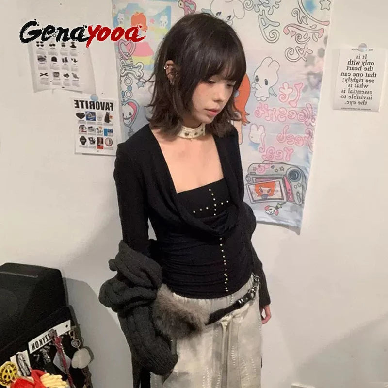 Lunivop Y2k Japanese T Shirt Women Black Rivet Punk Tops Swing Collar Streetwear Two Pieces Tops American Retro 90s Tshirts