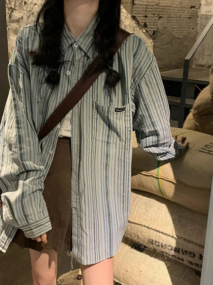 Lunivop Striped Loose Retro Shirts Women Casual Preppy Style Long Sleeve Blouse Vintage Female Pockets All Match Spring Korean Tops