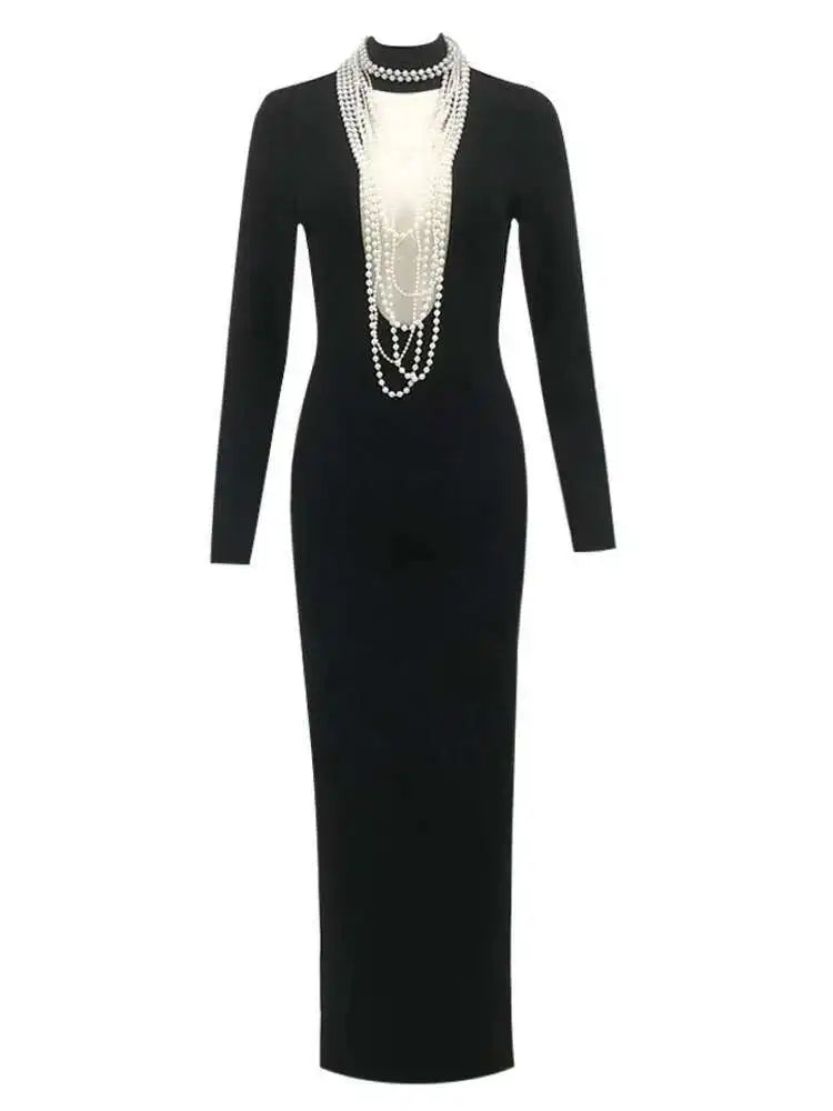 Lunivop Spring New Fashion Long Sleeve Women Dresses Pearl Necklace Hollow Out Right Angled Shoulder Long Dress Female